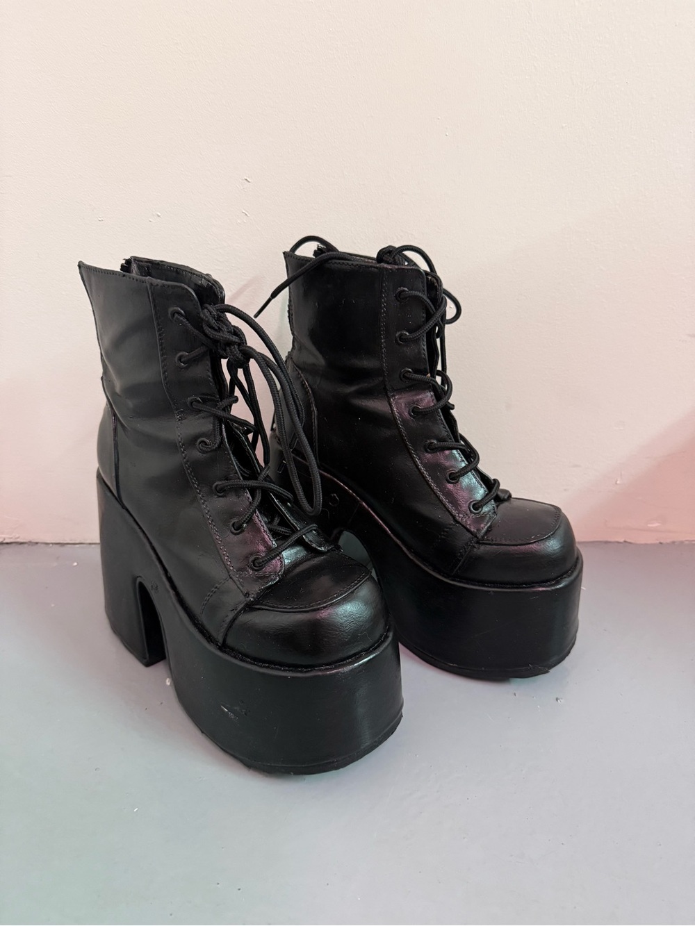 Demonia Camel Black Platform Lace-Up Ankle Boots